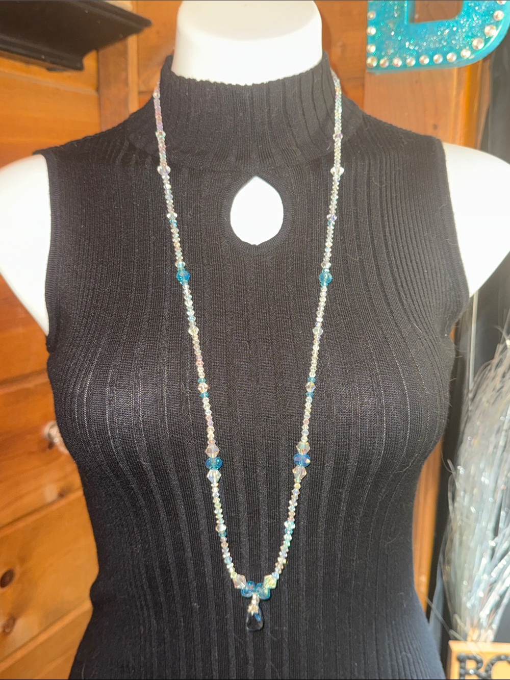 Long Blue Crystal Beaded Necklace - Brand